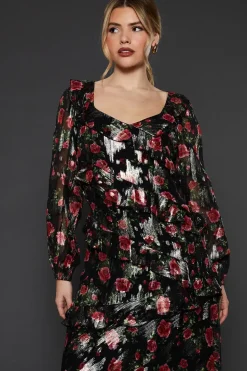 Black Floral Ruffle Long Sleeve Chiffon Metallic Midi Dress