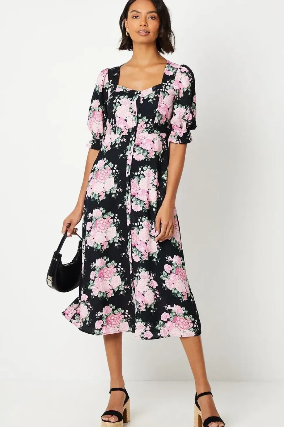 Black Floral Scoop Neck Shirt Dress