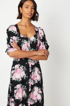 Black Floral Scoop Neck Shirt Dress