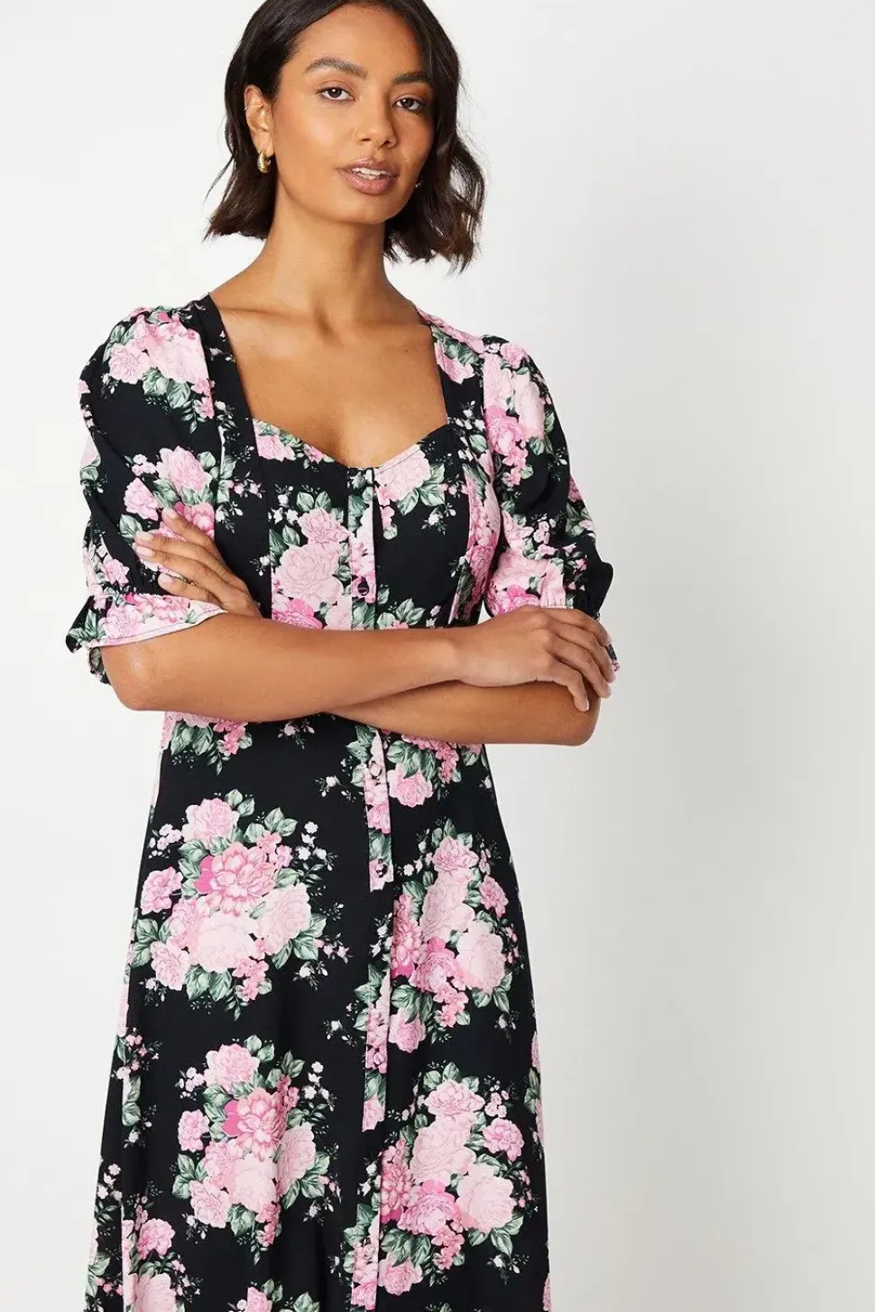 Black Floral Scoop Neck Shirt Dress