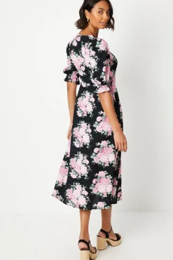 Black Floral Scoop Neck Shirt Dress
