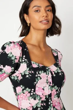 Black Floral Scoop Neck Shirt Dress