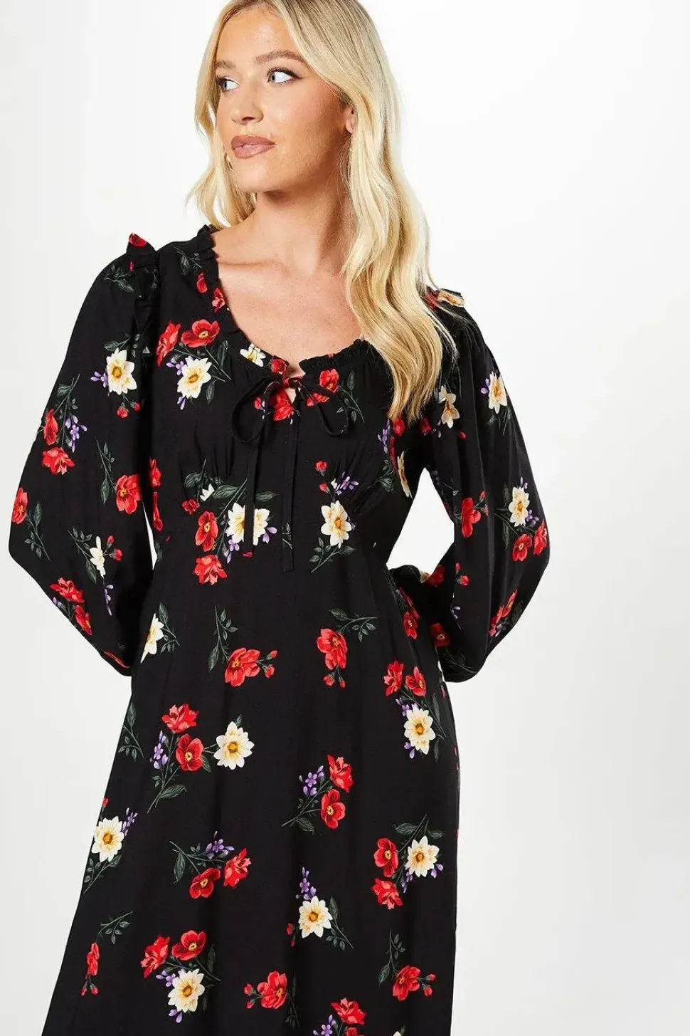 Black Floral Tie Front Shirred Cuff Midi Dress