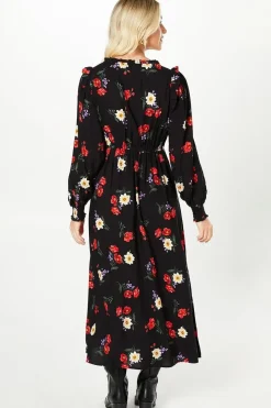 Black Floral Tie Front Shirred Cuff Midi Dress