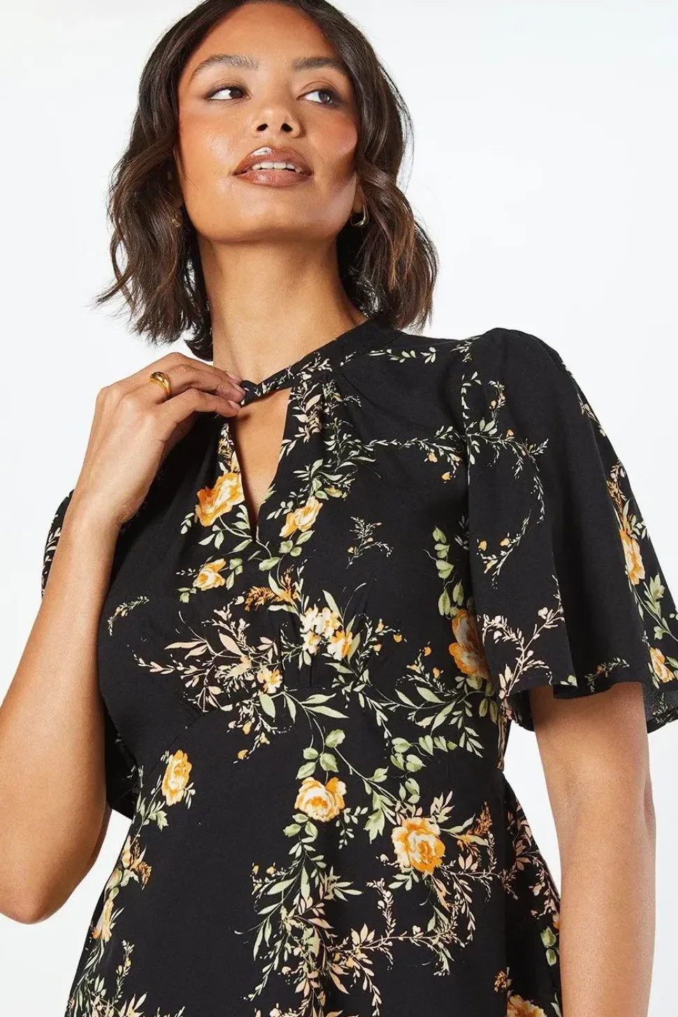 Black Floral Twist Neck Keyhole Blouse