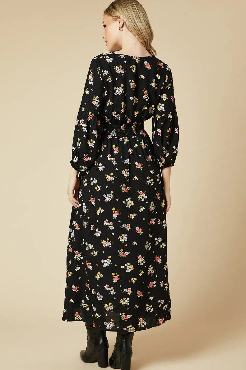 Black Floral V Neck Midi Dress