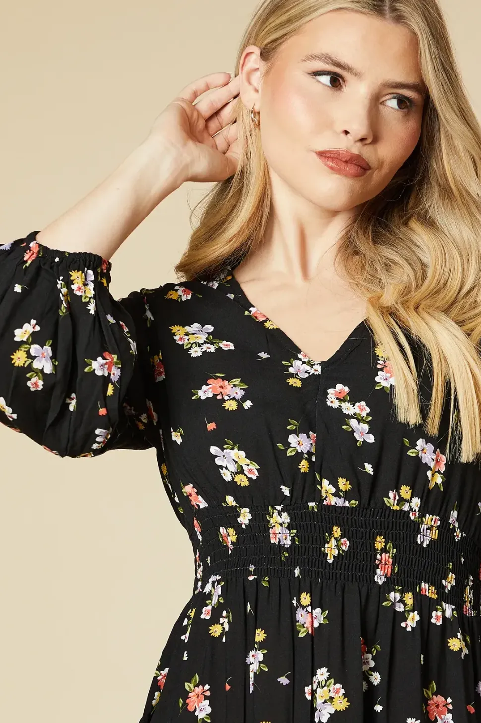 Black Floral V Neck Midi Dress