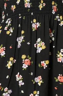 Black Floral V Neck Midi Dress
