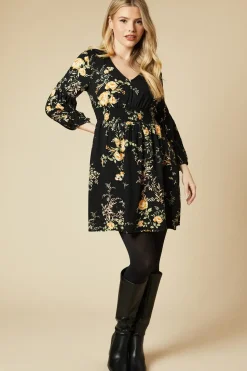 Black Floral V Neck Mini Dress