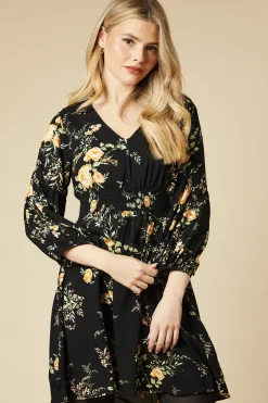 Black Floral V Neck Mini Dress