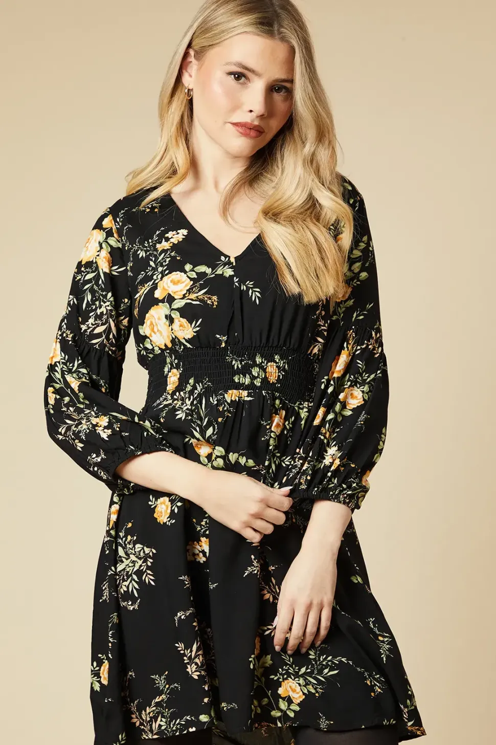 Black Floral V Neck Mini Dress