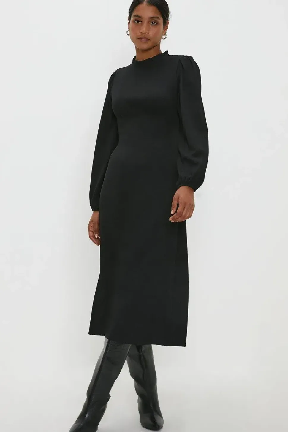 Black Frill Neck Midi Dress