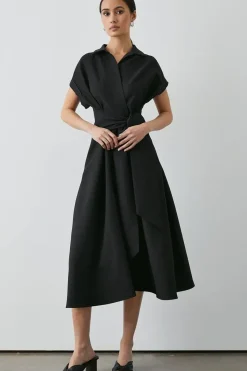 Black Front Tie Shirt Midi Dress