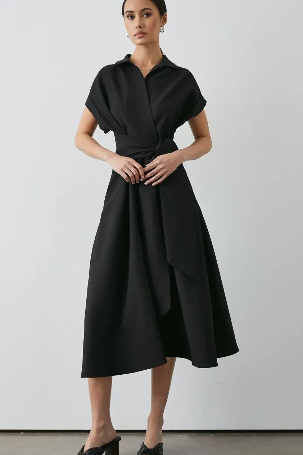 Black Front Tie Shirt Midi Dress