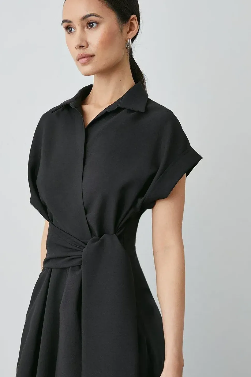 Black Front Tie Shirt Midi Dress