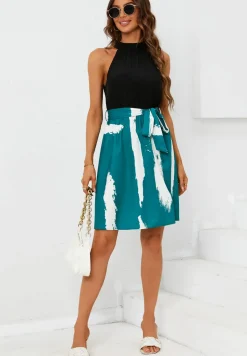 Black Halterneck Top 2 In 1 Mini Dress In Blue Print