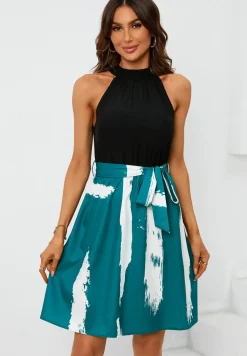 Black Halterneck Top 2 In 1 Mini Dress In Blue Print