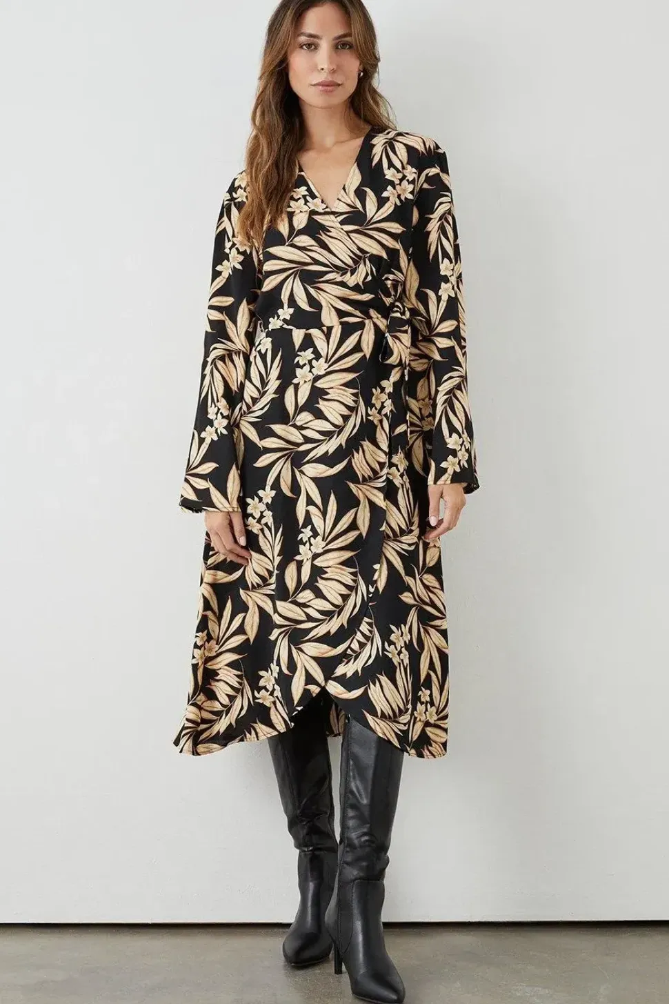 Black Leaf Tie Wrap Dress
