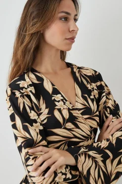 Black Leaf Tie Wrap Dress