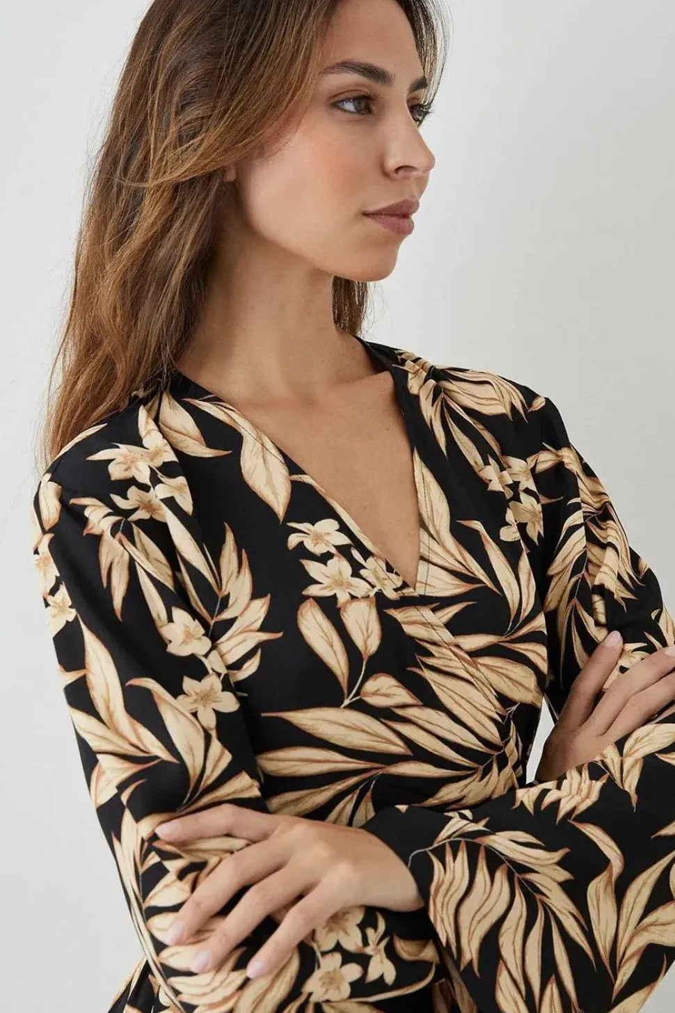 Black Leaf Tie Wrap Dress