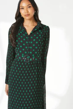 Black Micro Pleat Belted Shirt Dress
