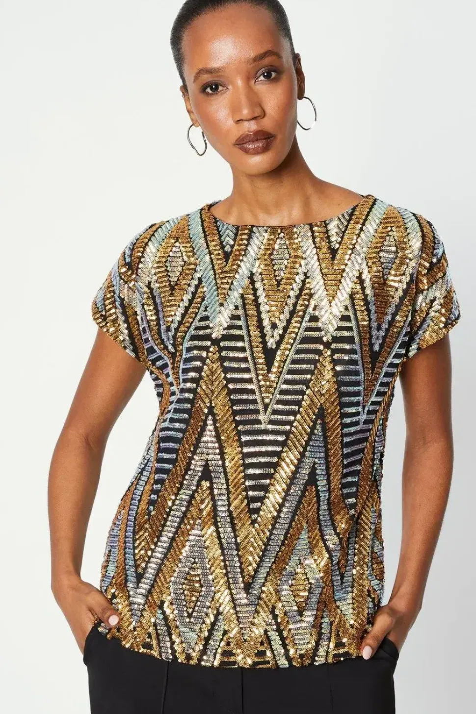 Black Multi Sequin Cold Shoulder Top