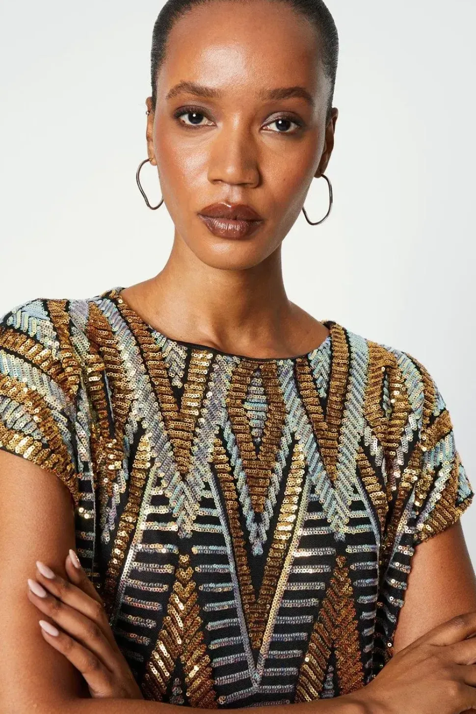 Black Multi Sequin Cold Shoulder Top