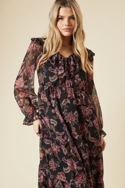 Black Paisley Chiffon Ruffle Midaxi Dress