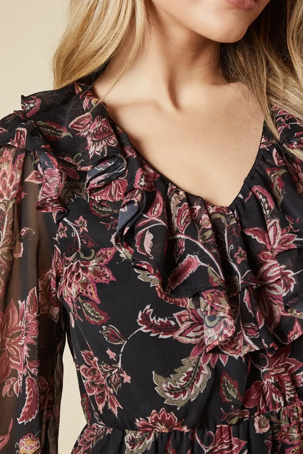 Black Paisley Chiffon Ruffle Midaxi Dress