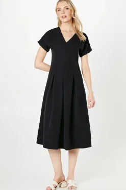 Black Pleat Detail Midi Dress