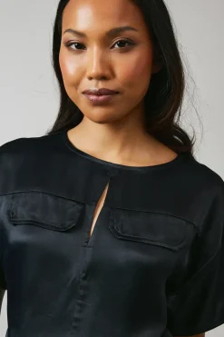 Black Pocket Detail Viscose Satin Top