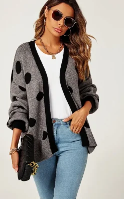 Black Polka Dot Pattern Cardigan Top In Charcoal Grey