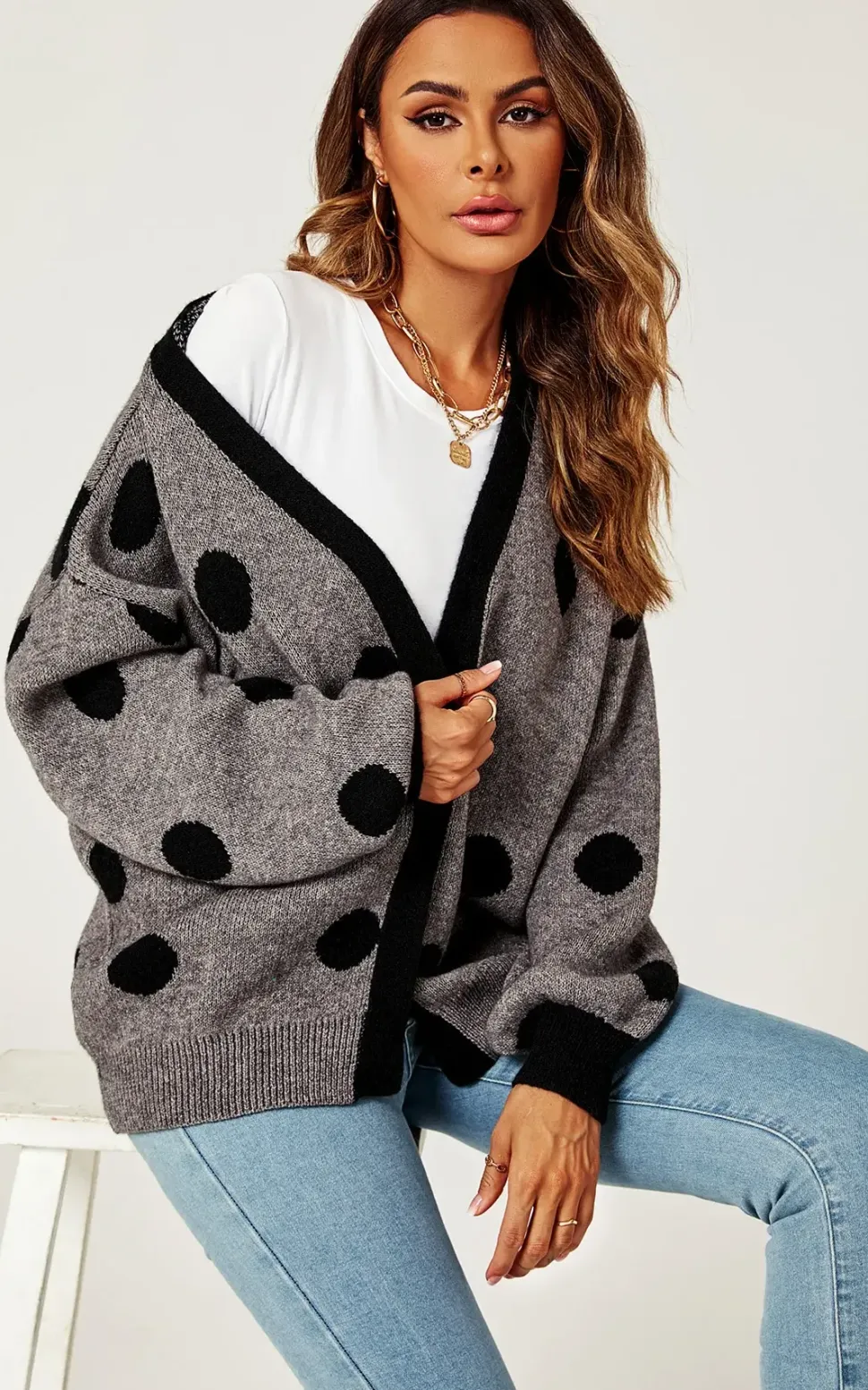 Black Polka Dot Pattern Cardigan Top In Charcoal Grey