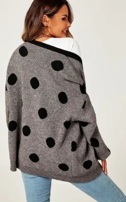 Black Polka Dot Pattern Cardigan Top In Charcoal Grey