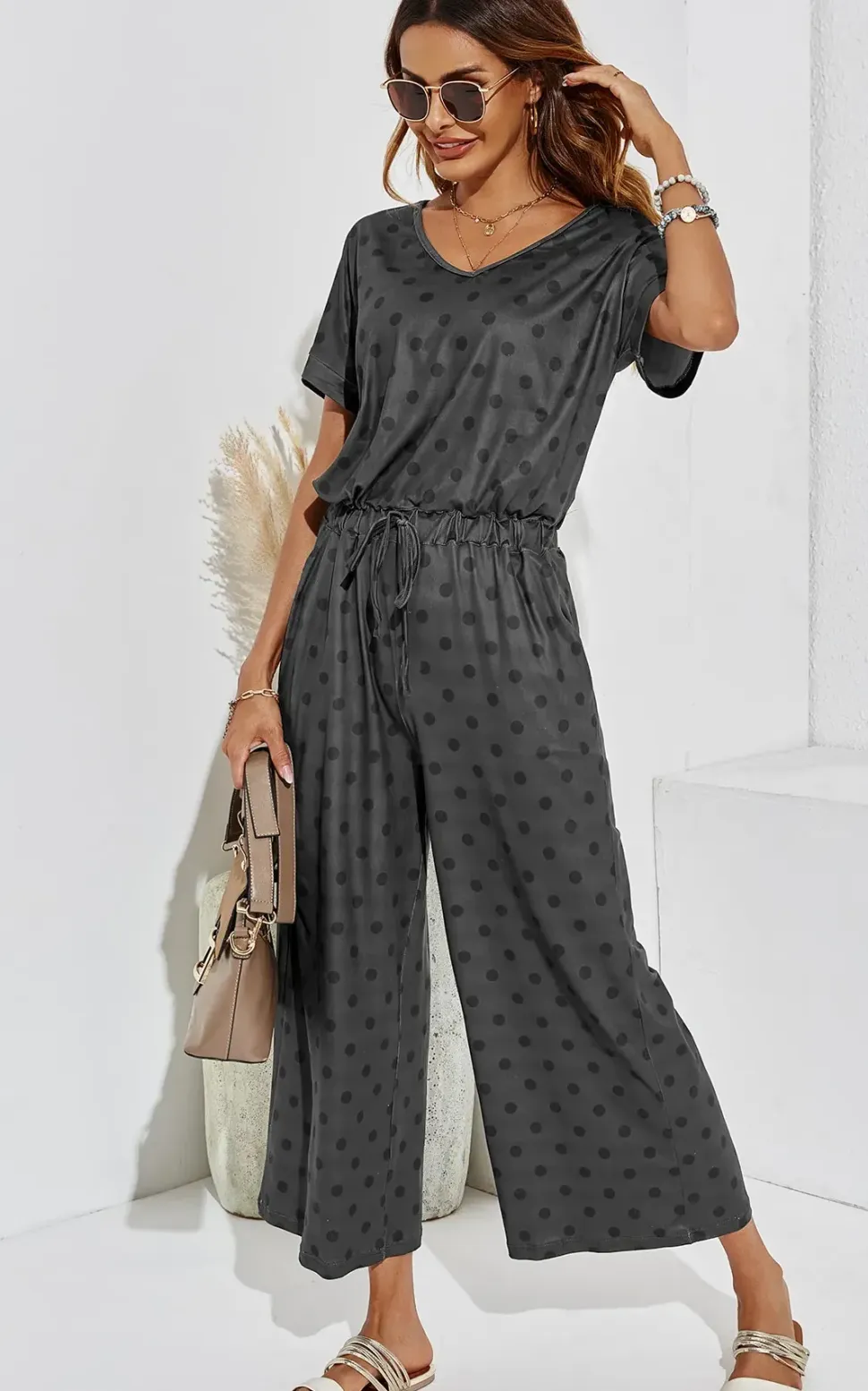 Black Polk Dot Loose Jumpsuit With Short Sleeve In Grey