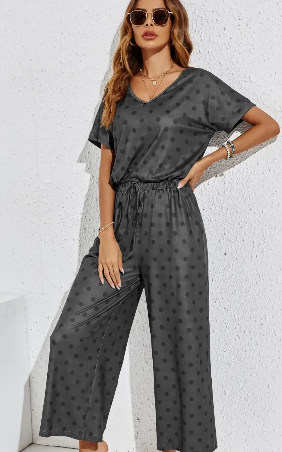 Black Polk Dot Loose Jumpsuit With Short Sleeve In Grey