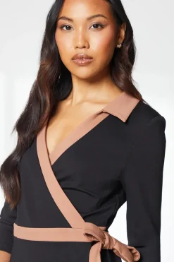Black Ponte Contrast Wrap Dress