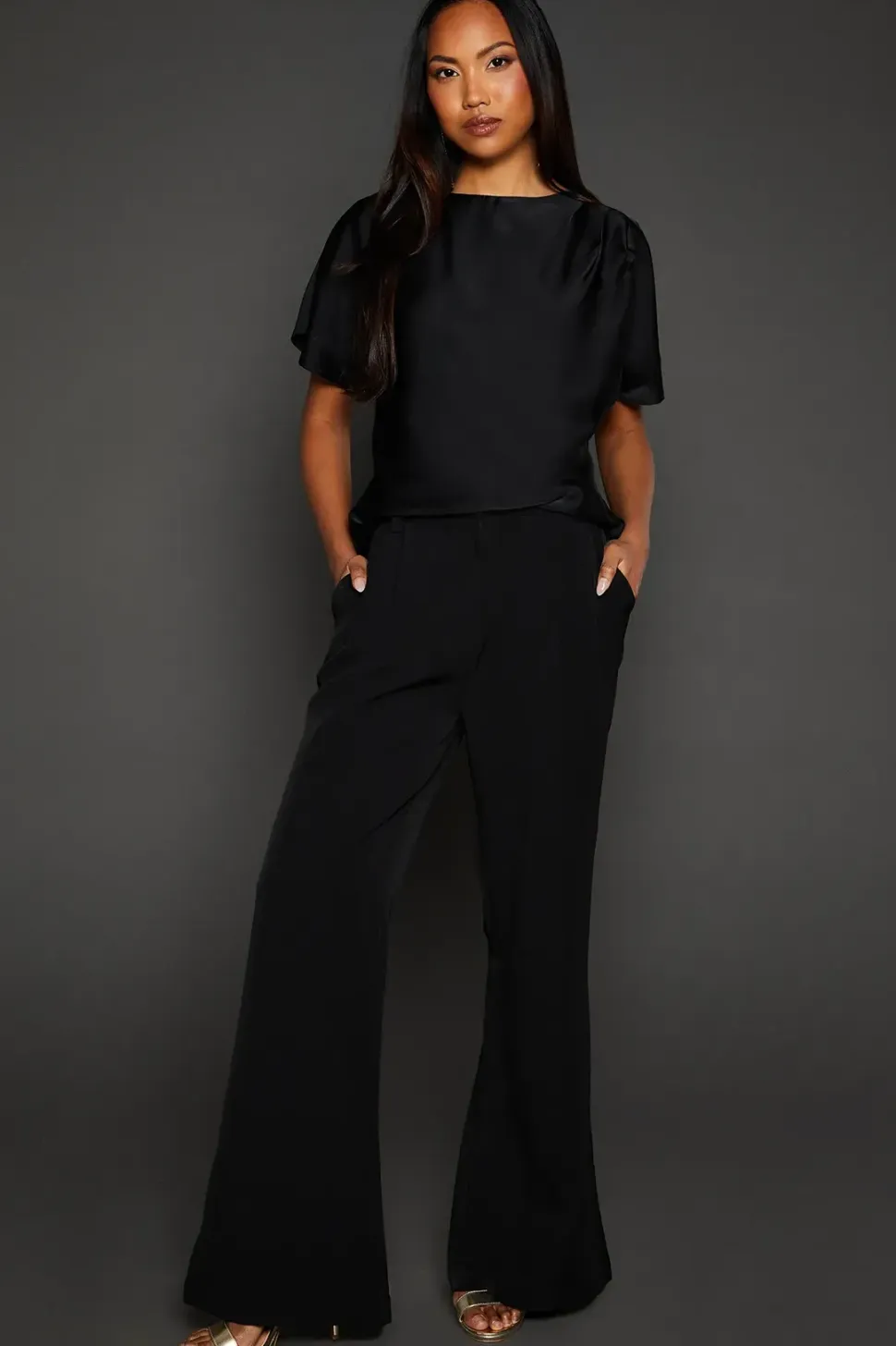 Black Satin Drape Shoulder T-shirt