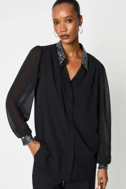 Black Sequin Collared Shirt