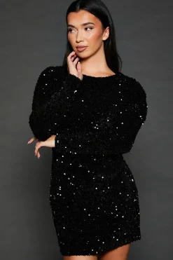 Black Sequin Puff Long Sleeve Mini Dress