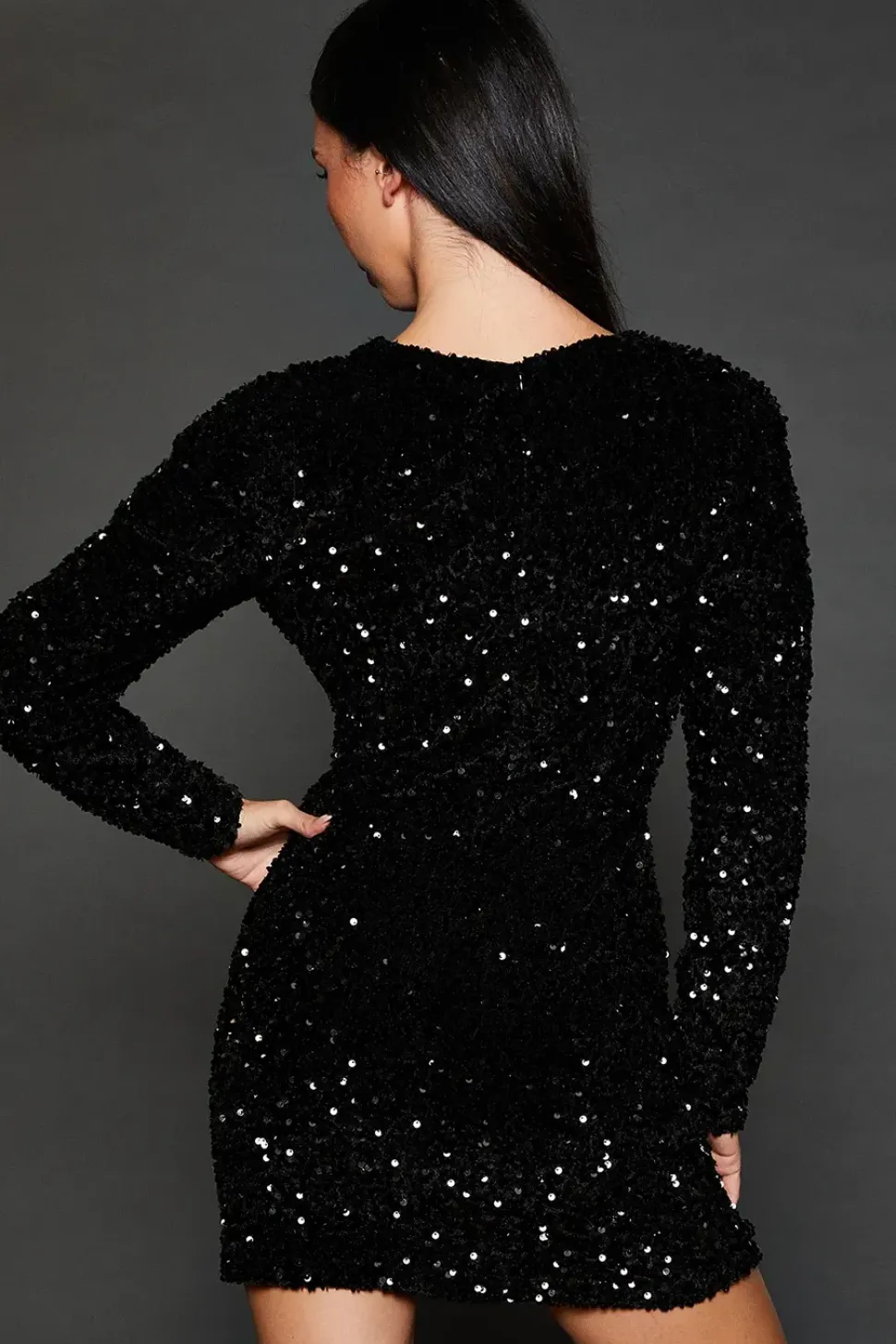 Black Sequin Puff Long Sleeve Mini Dress