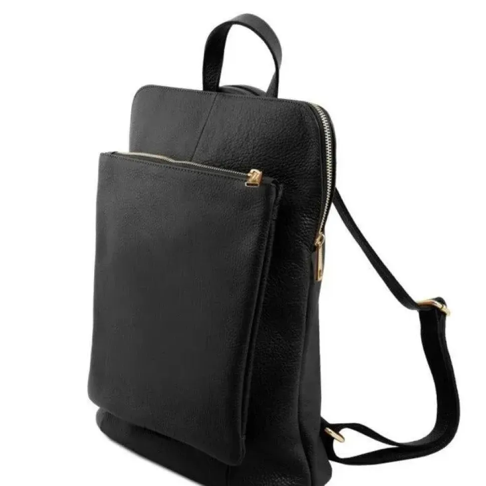 Black Soft Pebbled Leather Pocket Backpack | BYLER