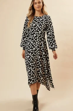 Black Spot Hanky Hem Shirred Cuff Midi Dress