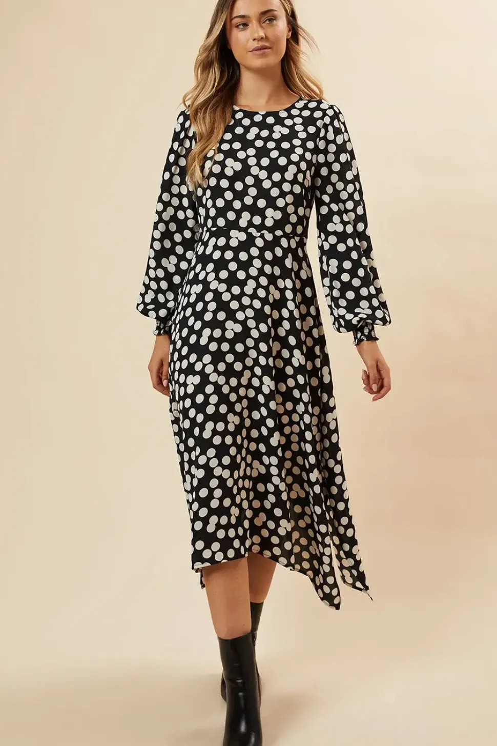 Black Spot Hanky Hem Shirred Cuff Midi Dress