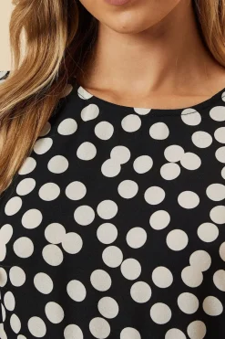 Black Spot Hanky Hem Shirred Cuff Midi Dress