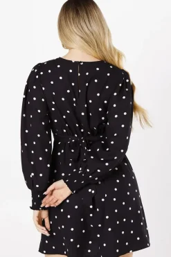 Black Spot Shirred Cuff Mini Dress