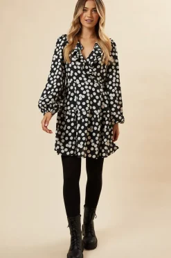 Black Spot Tiered Hem Frill Wrap Mini Dress