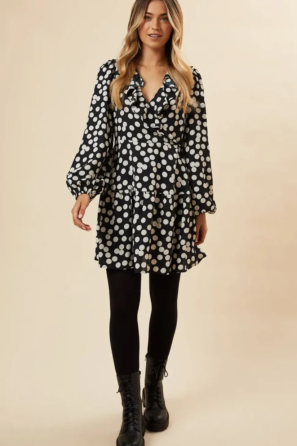 Black Spot Tiered Hem Frill Wrap Mini Dress