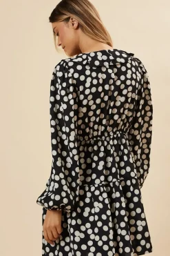 Black Spot Tiered Hem Frill Wrap Mini Dress