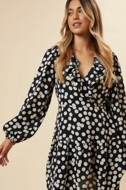 Black Spot Tiered Hem Frill Wrap Mini Dress